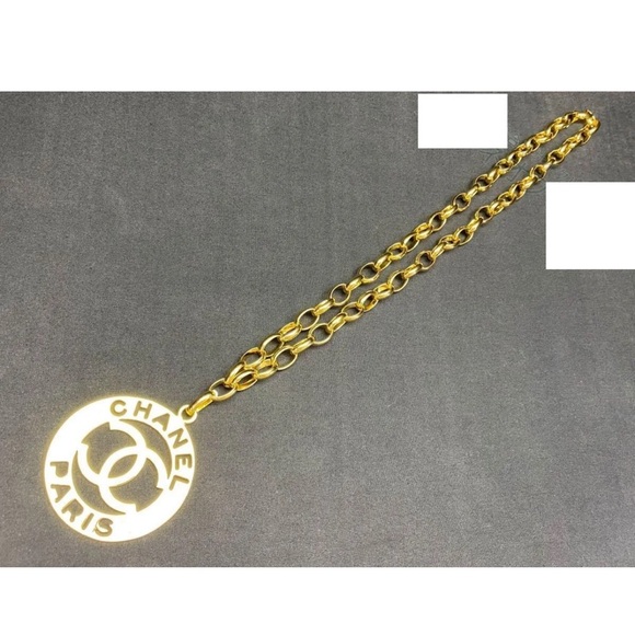 CHANEL BELT AUTH Coco chain CC Rare Gold Plate Logo MEDAL Necklace round 83cm - Picture 4 of 8